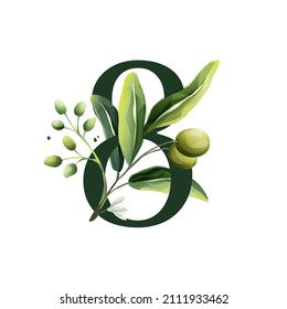 Number eight logo in watercolor style with olive branches. Illustration of mediterranean berries, green leaves, flowers, buds, and branches. 