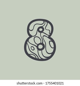 Number eight logo with waves line pattern. Perfect font for water or desert design, landscape print, travel card and ecology concepts, etc.