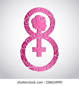Number eight made up face and symbol of woman with ornamental decoration