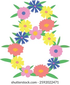 Number eight made of flowers. Isolated vector illustration.