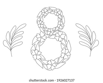 Number eight made from flowers and leaves. Linear simple illustration. Can be used for postcards on International Women's Day, as well as an unusual number. Suitable for coloring and decoration. 