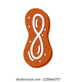 Number eight made of glazed gingerbread festive font symbol of happy new year and christmas. Vector hand drawn cartoon illustration