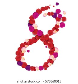 Number Eight made with red, pink and purple rose petals, realistic vector design for 8 March International Women's Day, isolated on white background