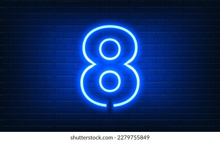 Number Eight neon sign on brick wall background. Vintage blue electric signboard with bright neon light inscription. Eighth, Number 8 template icon, neon banner,nightly advertising.Vector illustration