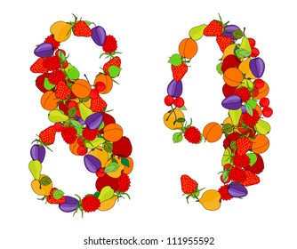 number eight and number nine made from different fruits