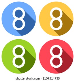 Number eight, numeral, simple letter. Set of white icons with long shadow on blue, orange, green and red colored circles. Sticker style