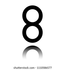 Number eight, numeral, simple letter. Black icon with mirror reflection on white background