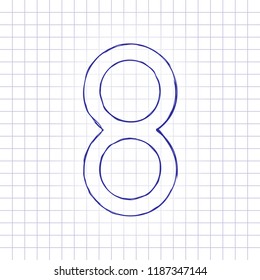 Number eight, numeral, simple letter. Hand drawn picture on paper sheet. Blue ink, outline sketch style. Doodle on checkered background