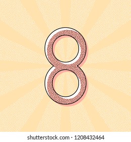 Number eight, numeral, simple letter. Vintage retro typography with offset printing effect. Dots poster with comics pop art background