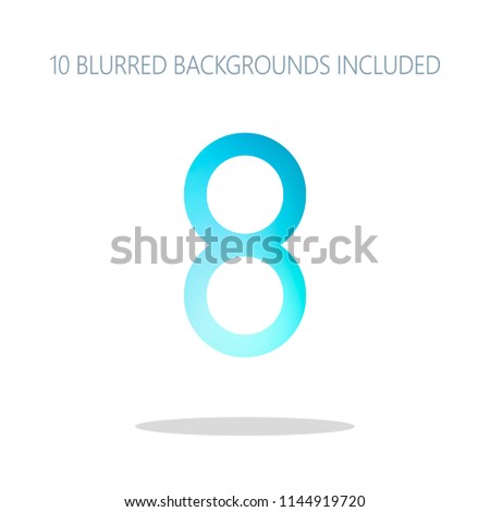 Number eight, numeral, simple letter. Colorful logo concept with simple shadow on white. 10 different blurred backgrounds included