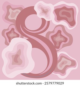 the number eight on a pink background with abstract roses. nude shades