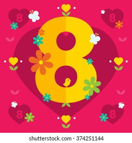 Number eight on a pink background with hearts, leaves, flowers and butterflies