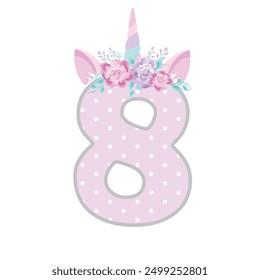 The number eight is polka-dotted with a unicorn horn