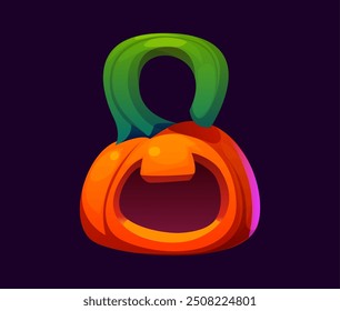 Number eight as pumpkin, Halloween font, cartoon evil type, funny scary typeface, spooky alphabet. Number 8 numeral symbol a a ripe orange gourd with green curve stem. Isolated vector typography digit