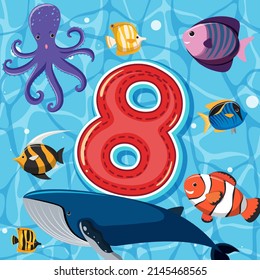 Number eight with sea animals illustration