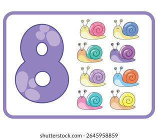 Number Eight with Snails Cute Garden Animal Flashcard for Kids Education Vector 8
