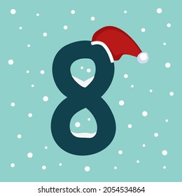 Number eight with snow and red Santa Claus hat. Festive font for Christmas and New Year