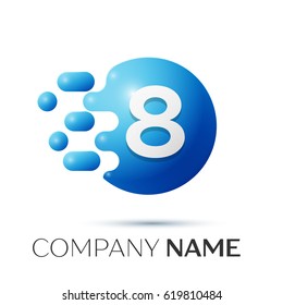 Number eight splash logo. Blue dots and bubbles number design on grey background. Vector Illustration