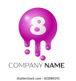 Number eight splash logo. Purple dots and bubbles number design on grey background. Vector Illustration.