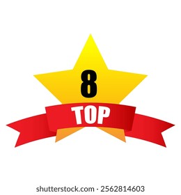 Number eight star. Bold 8 focus. Red ribbon element. Bright yellow background.