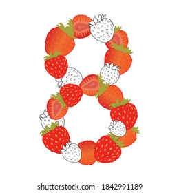 Number eight from strawberry. Vector illustration on a white background. Printing on clothing, menus, juice, for children's books, for packaging design