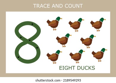 Number eight stroke worksheet with  ducks  for fine motor skills kids. Educational game for preschoolers.