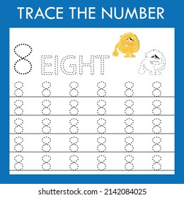 Number eight  stroke worksheet with monsters for fine motor skills kids. Educational game for preschoolers.