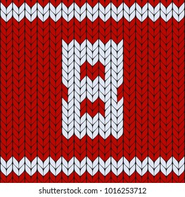 Number eight symbol, happy womens day background, red knitted vector pattern. Sweater design. Woolen fiber texture.