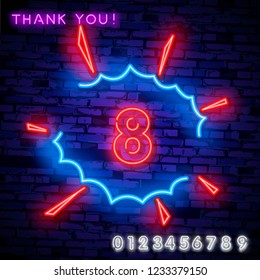 Number eight symbol neon sign vector. Eighth, Number eight template neon icon, light banner, neon signboard, nightly bright advertising, light inscription. Vector illustration