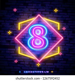 Number eight symbol neon sign vector. Eighth, Number eight template neon icon, light banner, neon signboard, nightly bright advertising, light inscription. Vector illustration