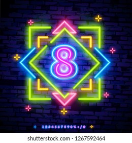 Number eight symbol neon sign vector. Eighth, Number eight template neon icon, light banner, neon signboard, nightly bright advertising, light inscription. Vector illustration