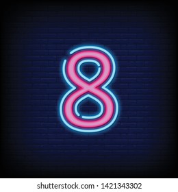Number Eight symbol neon sign with a Brick Wall Background. template neon icon  light banner  neon signboard  nightly bright advertising  light inscription. vector illustration