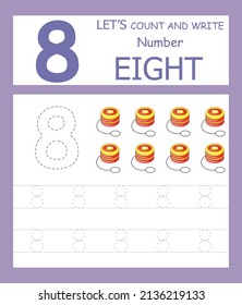 Number eight tracing practice worksheet with 8  yoyo for kids learning to count and to write. Vector Illustration , Trace the number