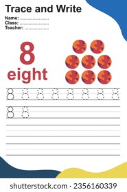 Number eight tracing practice worksheet with eight planets Mars. Page for kids learning to count and to write. Vector Illustration. Exercise for children to recognize the number.