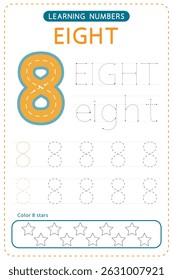 Number eight tracing. Preschool worksheets. Writing practice for kids. Vector design.