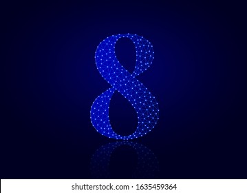 Number eight triangular low poly style. Vector illustration perfect for March 8, anniversary, celebrations. Wireframe mesh polygonal figure 8 made from points and lines on a dark blue.