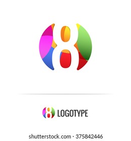 Number eight. Vector colorful alphabet element. Negative space forms a circle. Bright and fresh design letters for children's parties and fun celebrations. Beautiful logo, monogram, anniversary.