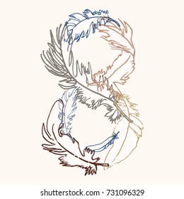 Number eight. Vector hand drawn monogram made of feathers. Perfect for posters, invitation, greeting card, webs graphics, blog, banner, logo