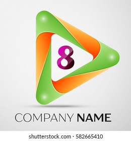 Number eight vector logo symbol in the colorful triangle on grey background. Vector template for your design