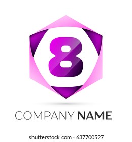 Number eight vector logo symbol in the colorful hexagonal on grey background. Vector template for your design
