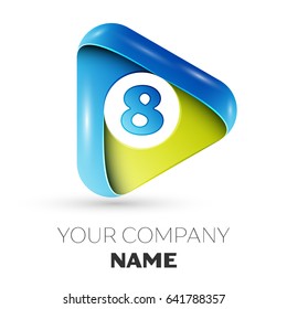 Number eight vector logo symbol in the colorful triangle on grey background. Vector template for your design