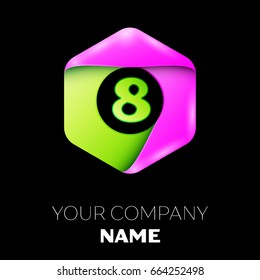 Number eight vector logo symbol in the colorful hexagonal on black background. Vector template for your design