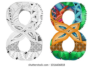 Number eight zentangle for coloring. Vector decorative object