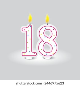 Number eighteen candles. Adult milestone celebration. Bright birthday accessory. Vector illustration. EPS 10.