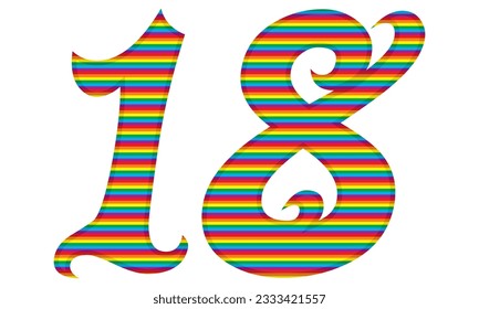 Number Eighteen With Rainbow Colors Pattern Vector Illustration. Number 18 In LGBT Flag Colors