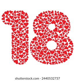 Number Eighteen With Red Hearts Love Pattern Vector Illustration. Number 18 Isolated On A White Background
