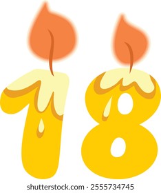 
Number Eighteen Shaped Candle Vector Cartoon Design Illustration. Numerical designed celebratory decor for birthday event 
