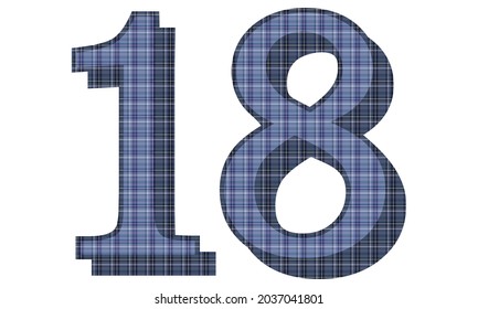 Number Eighteen With Textile Texture Vector Illustration. Number 18 With Plaid Pattern Isolated On A White Background
