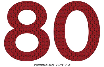 Number Eighty With Abstract Spheres Pattern Vector Illustration. Red And Black Number 80 Isolated On A White Background
