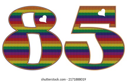 Number Eighty Five With Rainbow LGBT Pattern. Number 85 Isolated On A White Background. Knitted Pattern In LGBT Flag Colors
